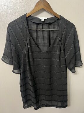 Black Sheer V-Neck Flutter Sleeve Blouse with Textured Stripes XL